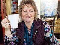 DSCF2817  Sam enjoys a cuppa at Dylans on the Terrace, with new bear "York" purchased at purchased at Appleyards homewares, York Street, Albany.