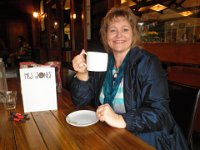 P5200562  Sam enjoys a latte at Mrs Jones Cafe, Denmark.