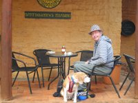 P5220638  Bobby and Rauleigh wait for a honey ice-cream at Bartholomews Meadery, Denmark.