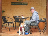P5220641  Bobby and Rauleigh wait for a honey ice-cream at Bartholomews Meadery, Denmark.