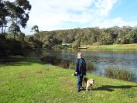 DSCF3022  Bobby takes Sam for a walk around the grounds of The Lake House, Denmark.