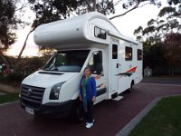 DSCF6081  Sam with our motorhome at the Big 4 Melbourne Caravan Park in Coburg, Melbourne.
