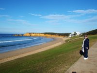 DSCF6143  Sam enjoys a "chilly" walk along Torquay Back Beach, right near the Torquay Foreshore Caravan Park, Torquay.