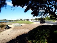 DSCF6166  Sam next to our motor home and the Anglesea River, in Anglesea