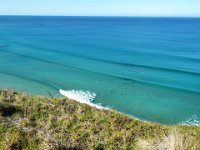DSCF6173  Breaking waves to the southwest of the town centre of Anglesea, as seen from a lookout above the Great Ocean Road.