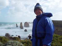 DSCF6427  Rauleigh gets blown away at the Twelve Apostles Marine National Park, Princetown, Victoria.