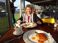 DSCF6678  Sam enjoys breakfast before leaving at The Union Cafe, Robe Town Centre, South Australia.
