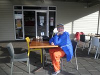 P5090210  Rauleigh enjoys breakfast before leaving at The Union Cafe, Robe Town Centre, South Australia.